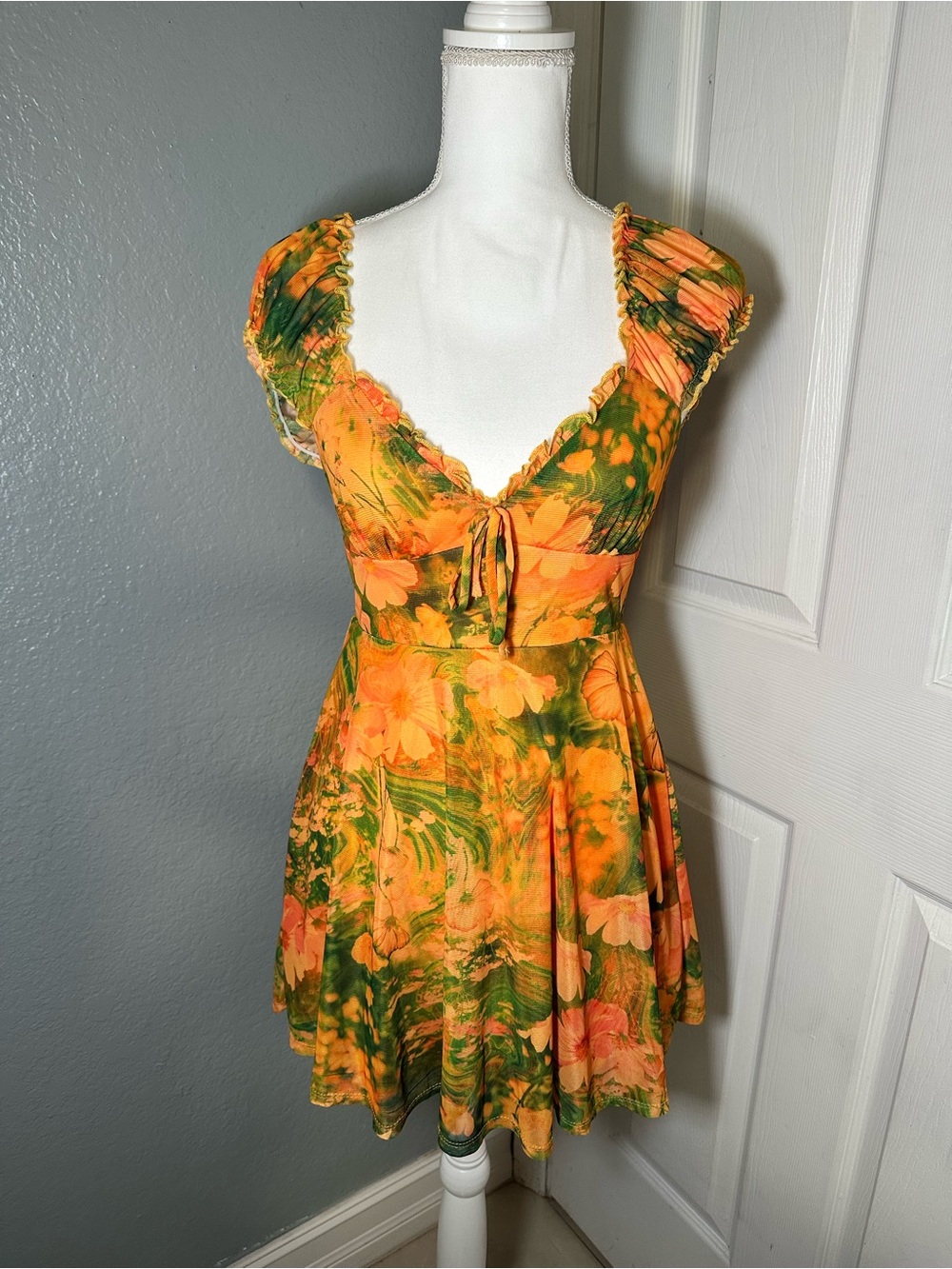 Urban Outfitters Orange and Green Floral Tie‑Front Mini Dress